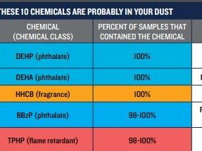 Tíu algengustu efnin í ryki á heimili, áhrif þeirra á heilsu og hvar þau leynast   https://www.nrdc.org/sites/default/files/not-just-dirt-10-chemicals-table.pdf